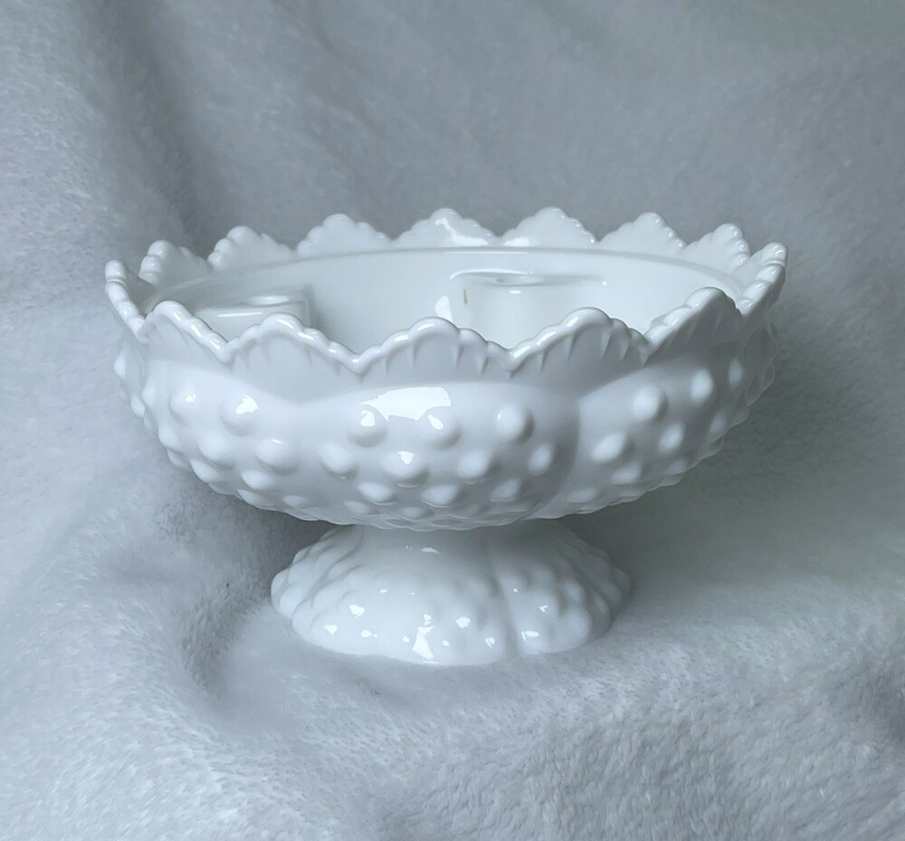 Fenton White Milk Glass Sawtooth Hobnail Round Candle Holder Centerpiece Bowl